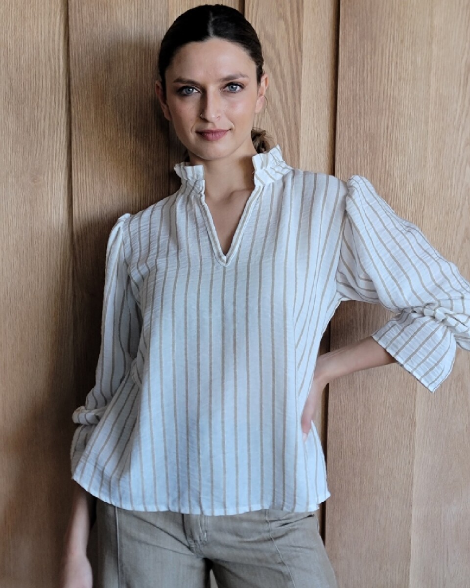 Blusa Copenhague - Lino rayado crudo y beige 
