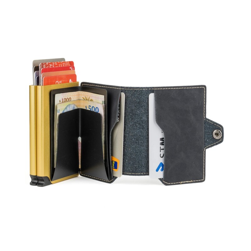 Billetera Baleine Double Kansas en Aluminio y Cuero con Protección RFID Golden Black
