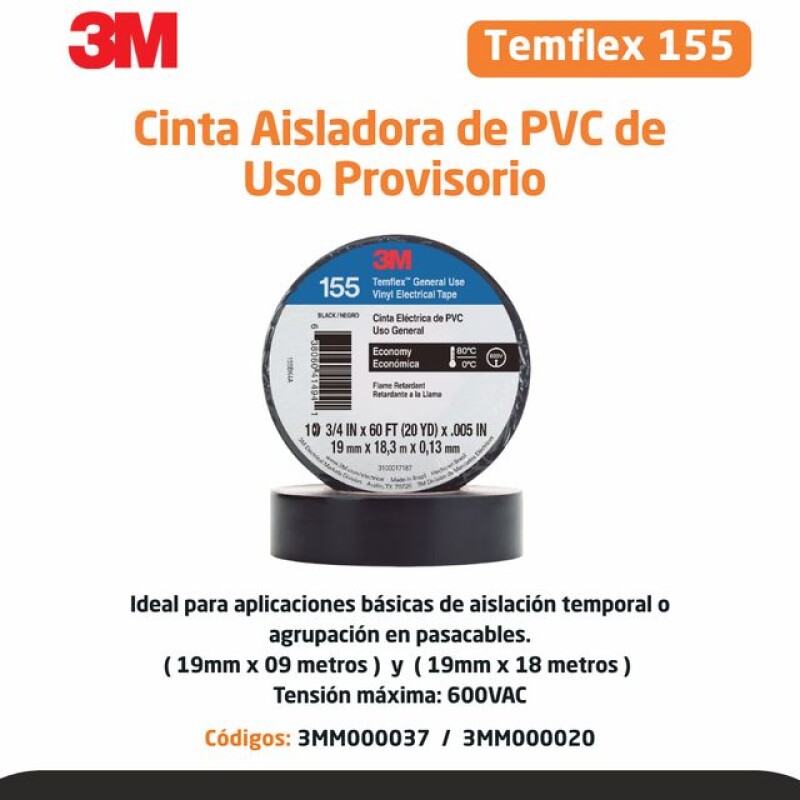 CINTA AISLADORA TEMFLEX 155 NEGRO 19MM X 9M - 3M CINTA AISLADORA TEMFLEX 155 NEGRO 19MM X 9M - 3M