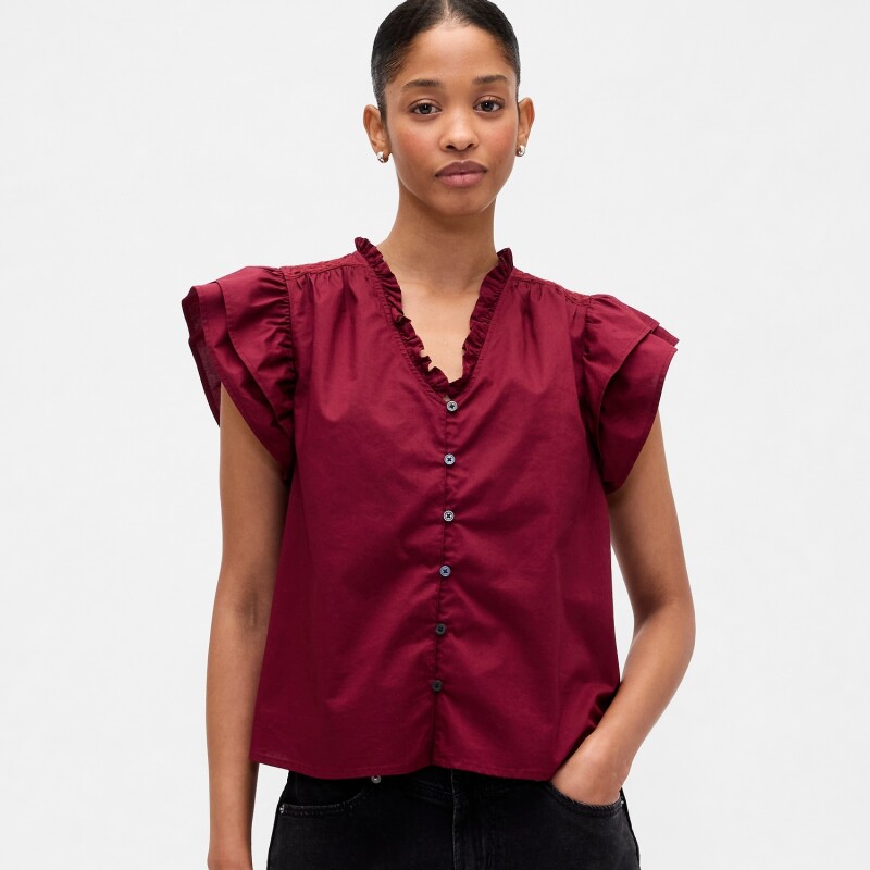 V-FLUTTER SLV EYELET YOKE TOP RED DELICIOUS