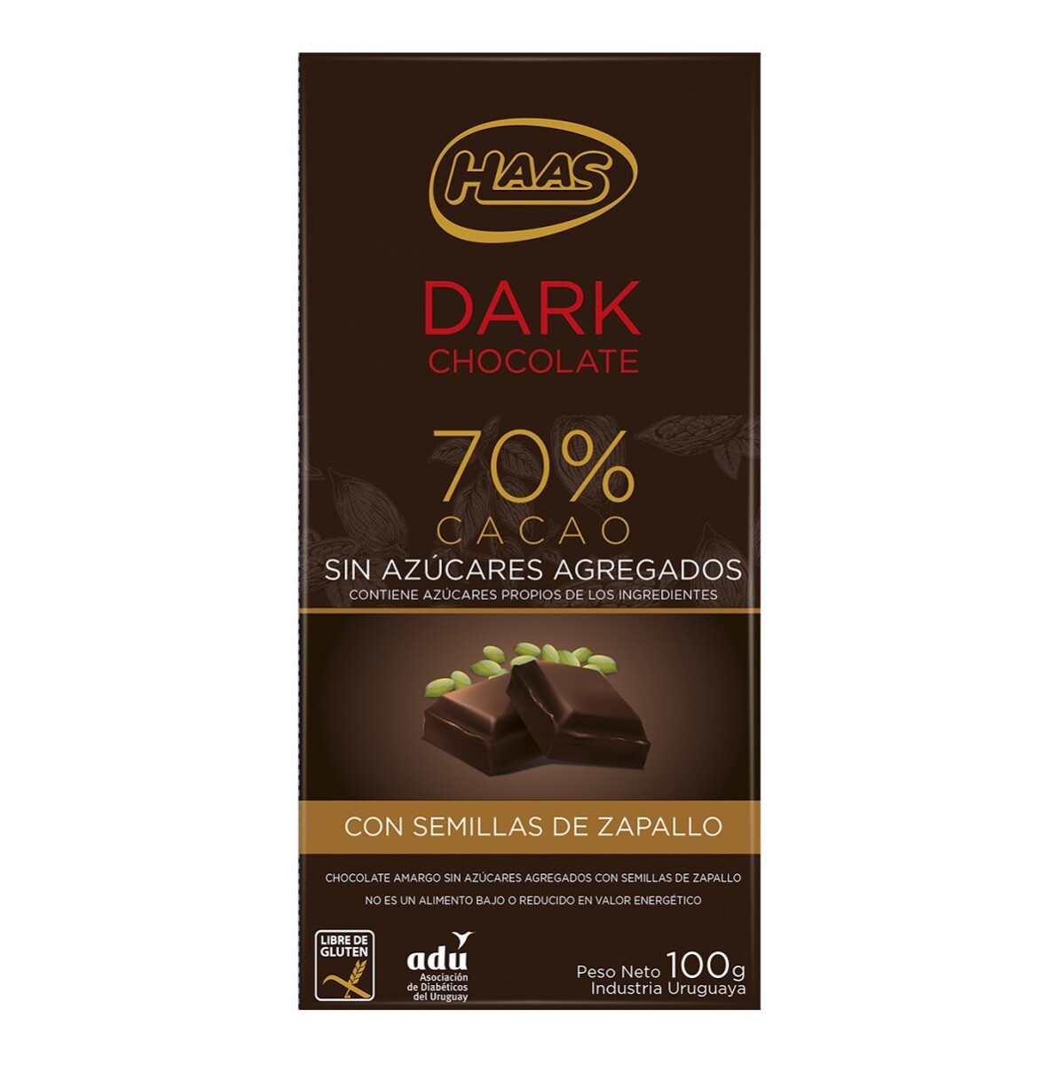 Haas Tableta Chocolate Amargo S/azucar Zapallo 100 Grs. 