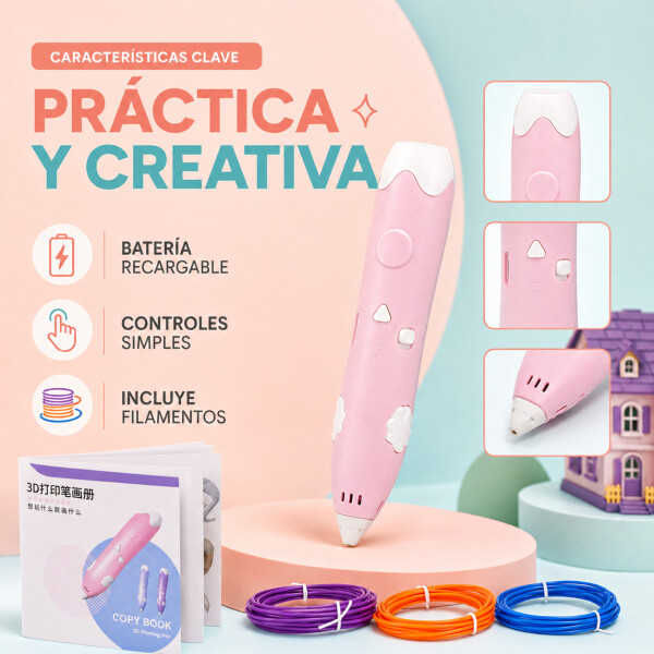 Lapicera 3D Infantil Recargable con Filamentos Rosa
