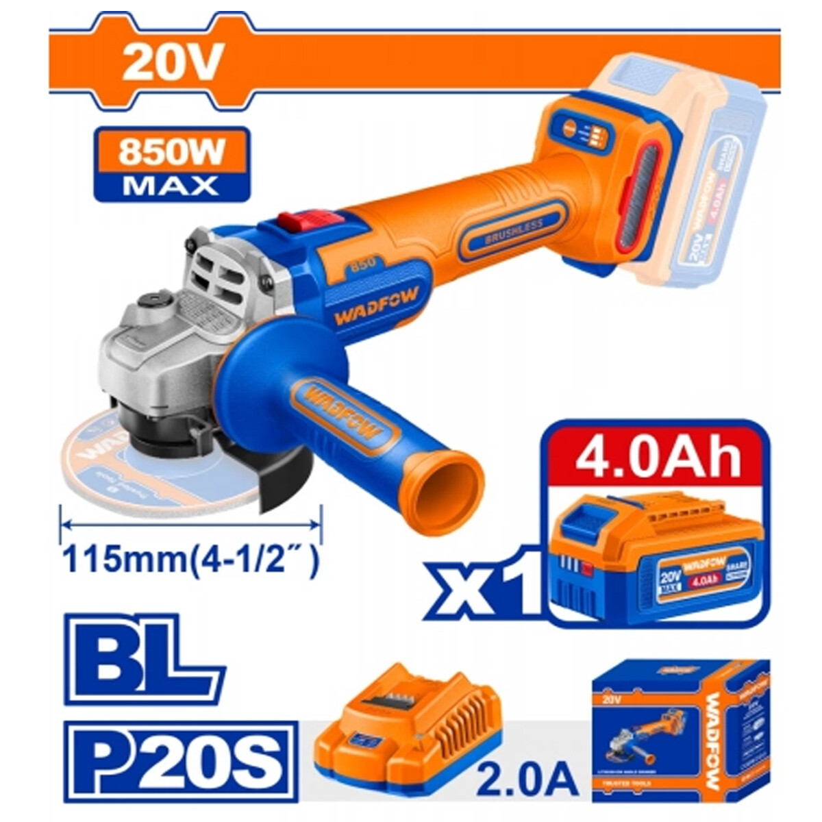 AMOLADORA 115MM A BATERIA 20V + BATERIA 4.0AH + CARGADOR WADFOW WLAP5421 