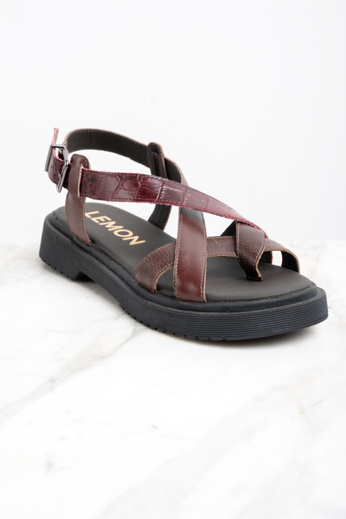 Sandalia Cuero Combinada Bordeaux