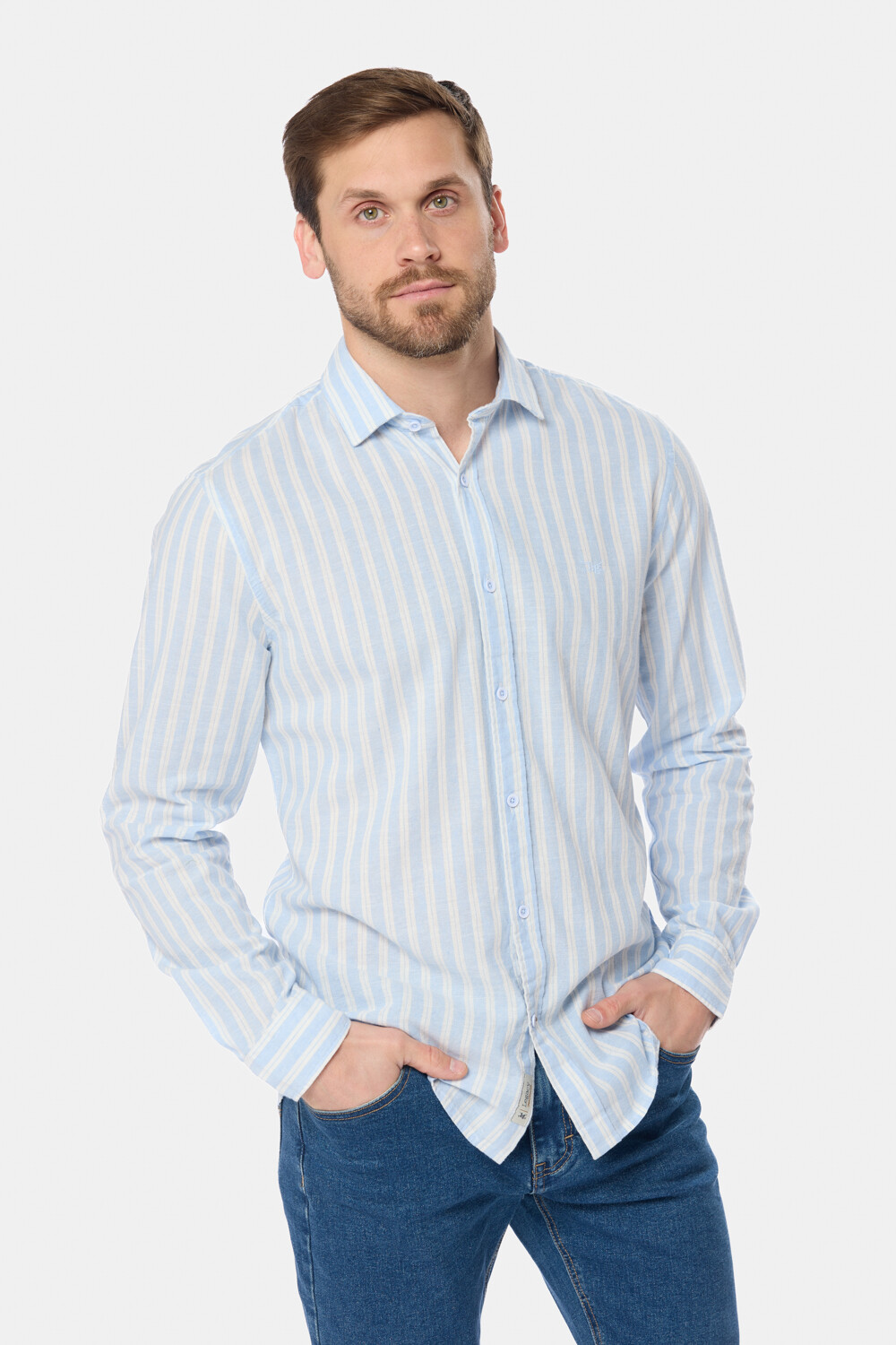 CAMISA RAYADA DE LINO Celeste