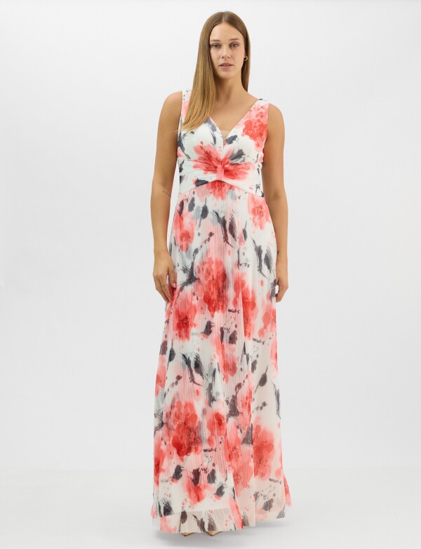 Vestido Largo Estampado Floral Con Escote BLANCO/MULTI