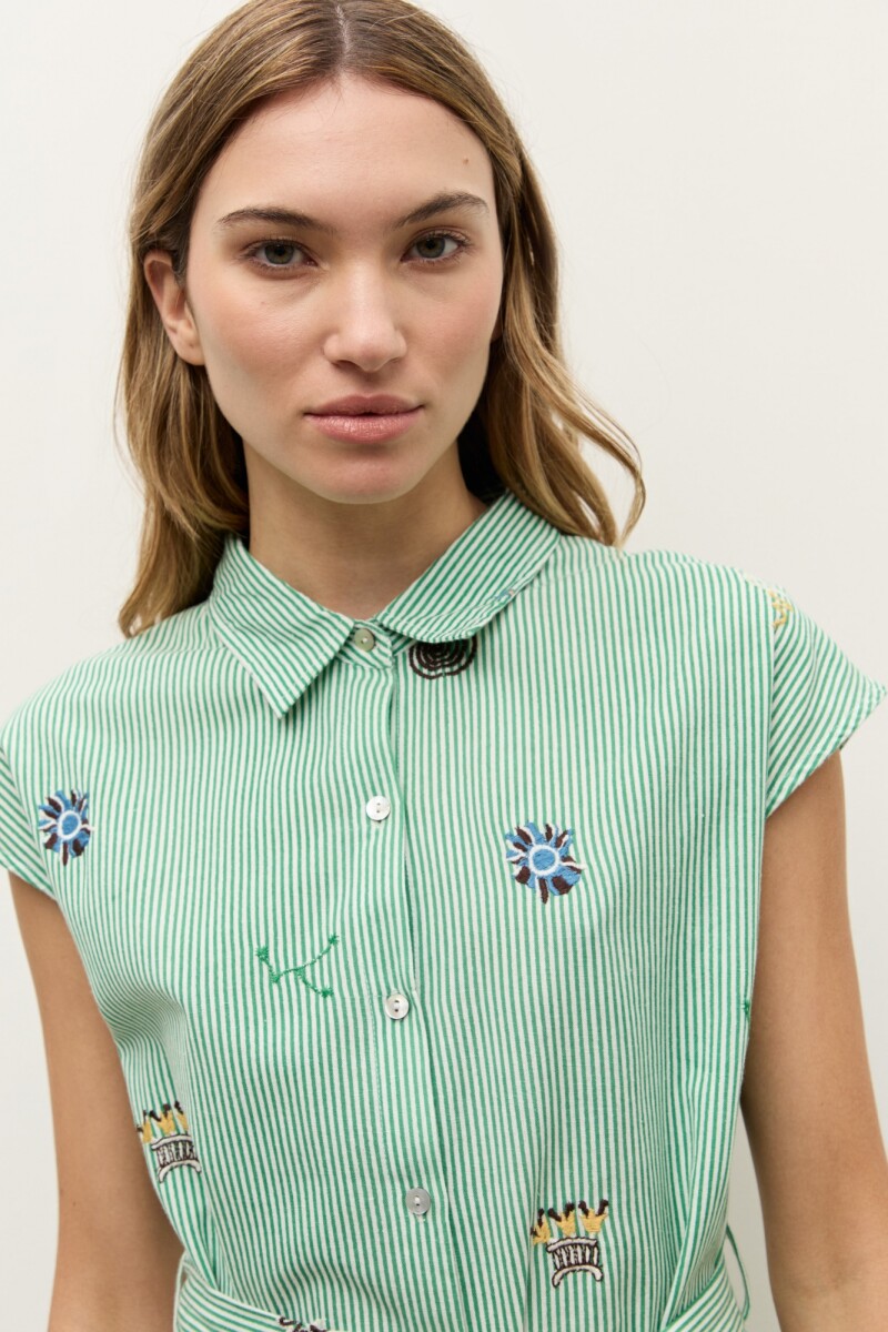 Vestido rayado con bordado verde