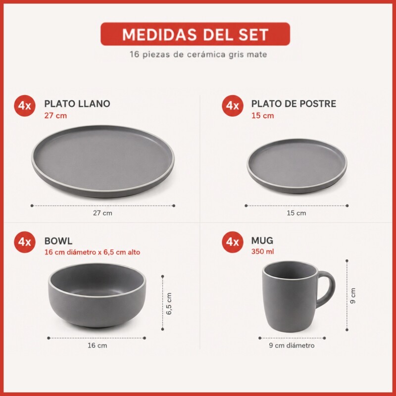 Juego vajilla 16 piezas Cerámica GRIS