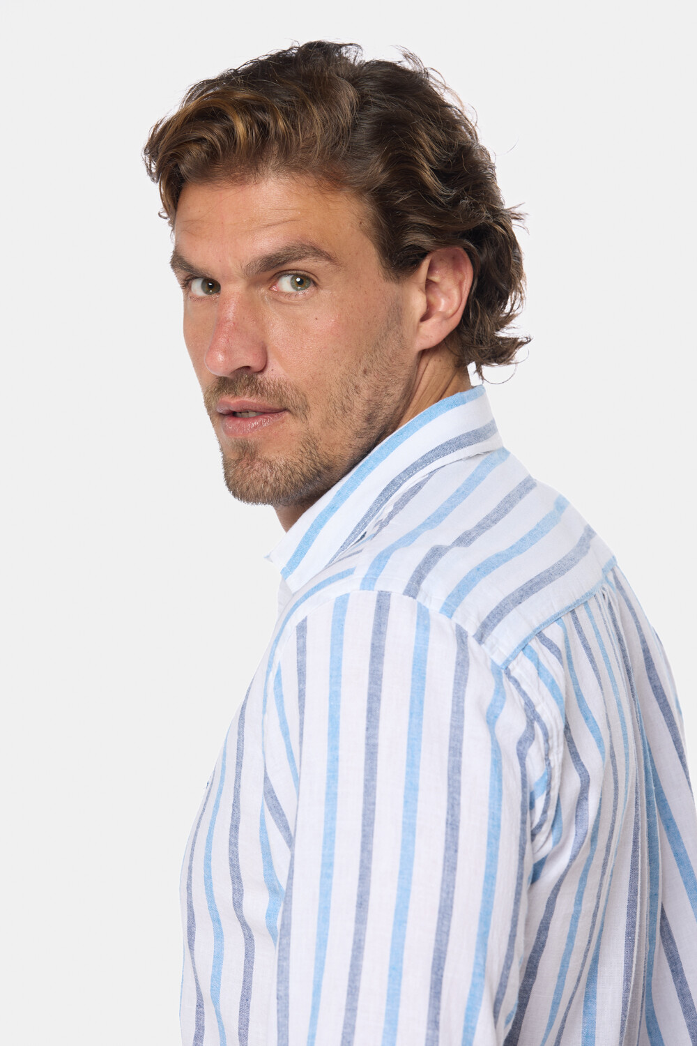 CAMISA DE LINO RAYADA Azul