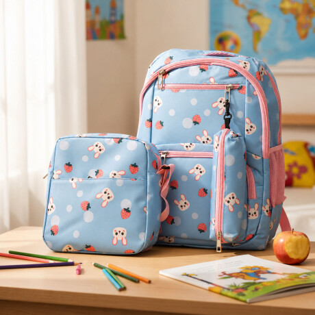 Set Mochila 3 Piezas Diseño Frutillitas Escolar Resistente Celeste