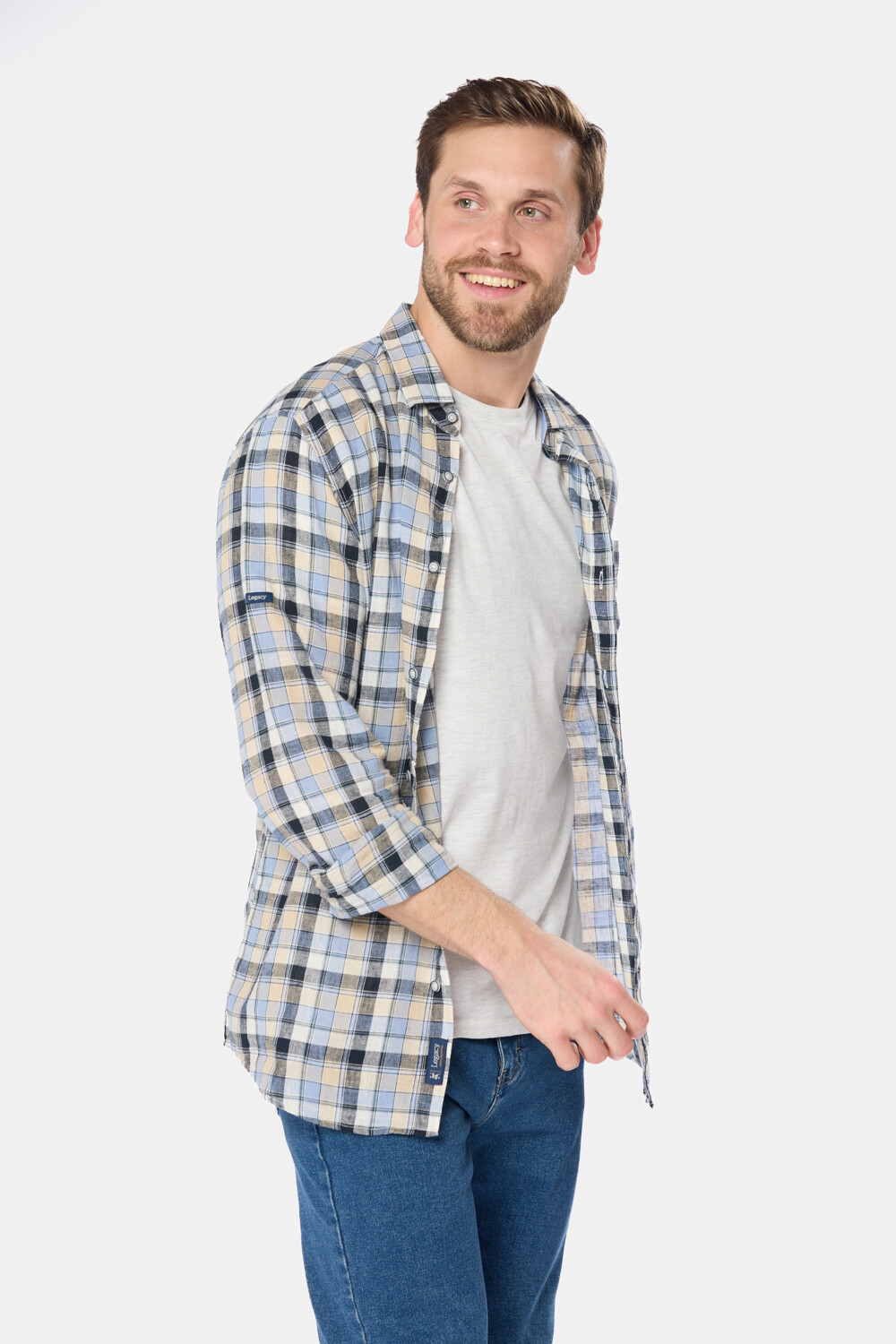 CAMISA DE LINO A CUADROS Azul