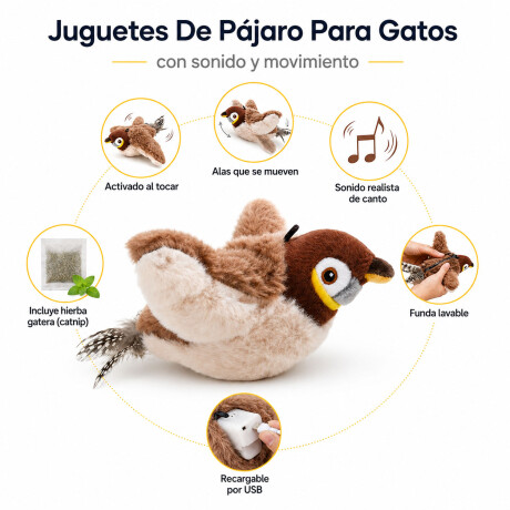 Juguete Para Gato Pájaro Interactivo C/Movimiento Sonido Usb Marrón