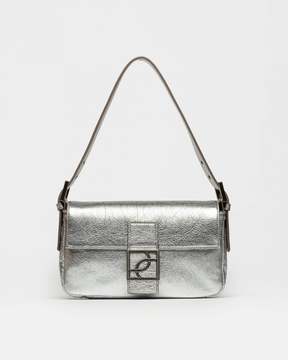 Cartera al hombro Signature en cuero graneado metalizado - Grafito 