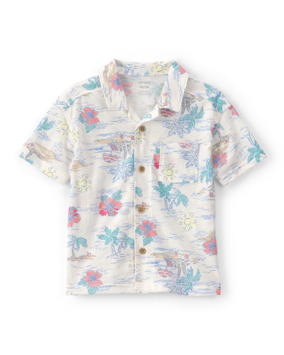 Camisa de algodón, manga corta, gris, diseño tropical 