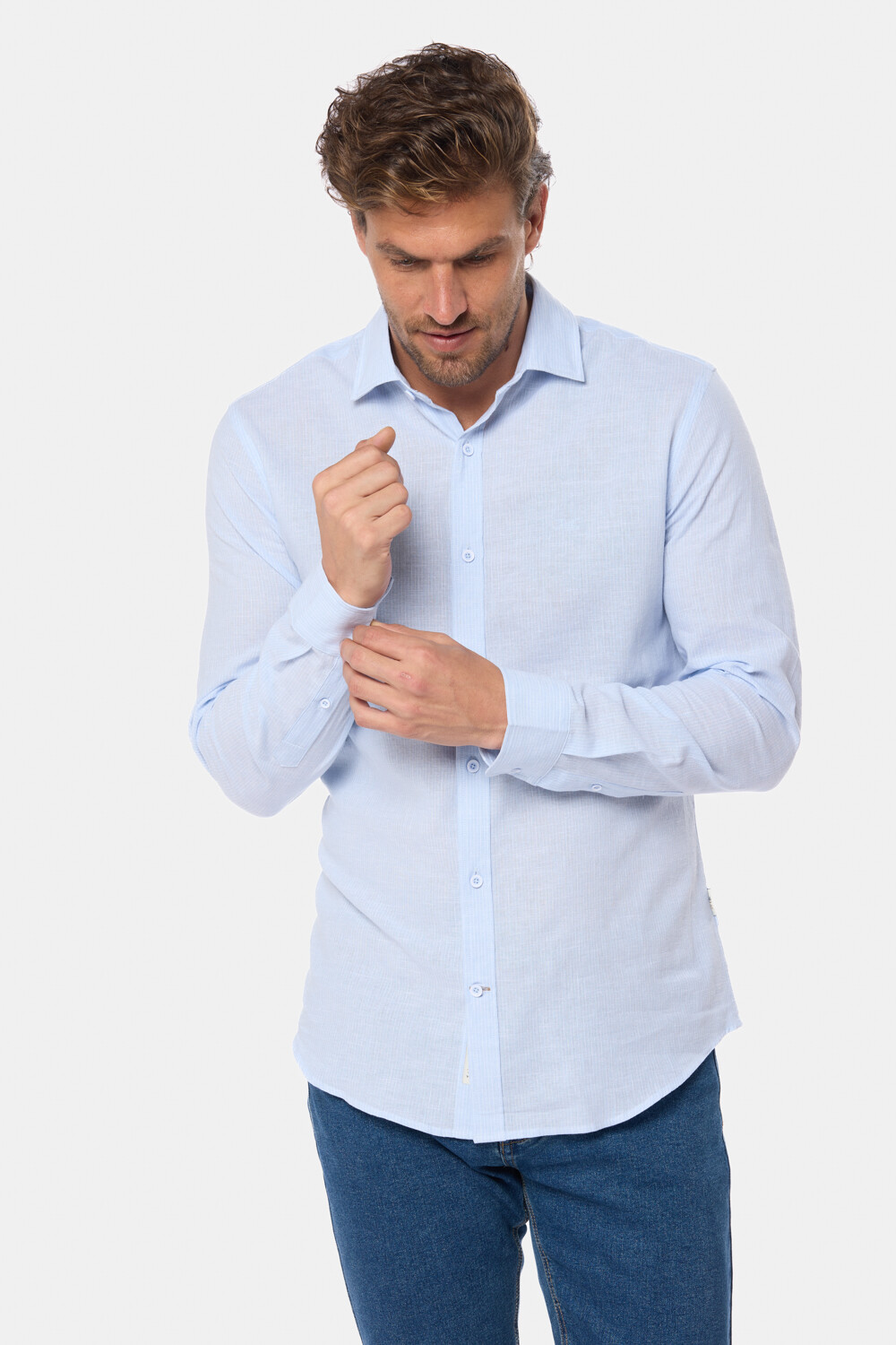 CAMISA DE LINO RAYADA Celeste