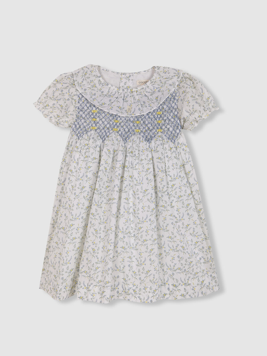Vestido De Florecitas Con Nido De Abeja Azul