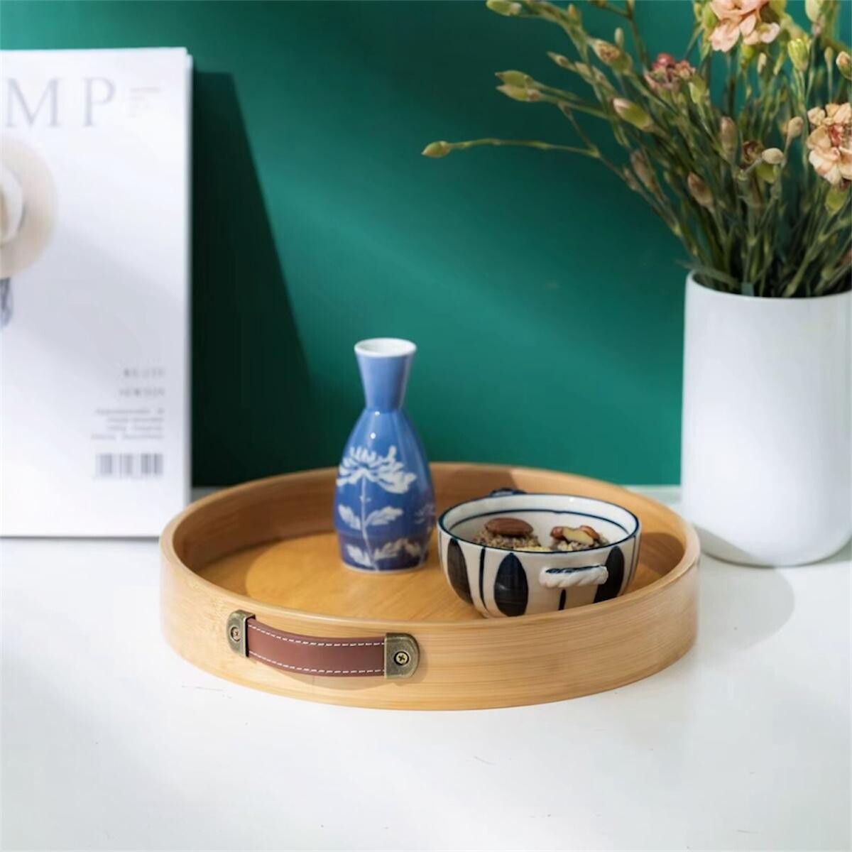 Bandeja Redonda de Bambu y Detalle en Cuero - Set 2 Medidas 