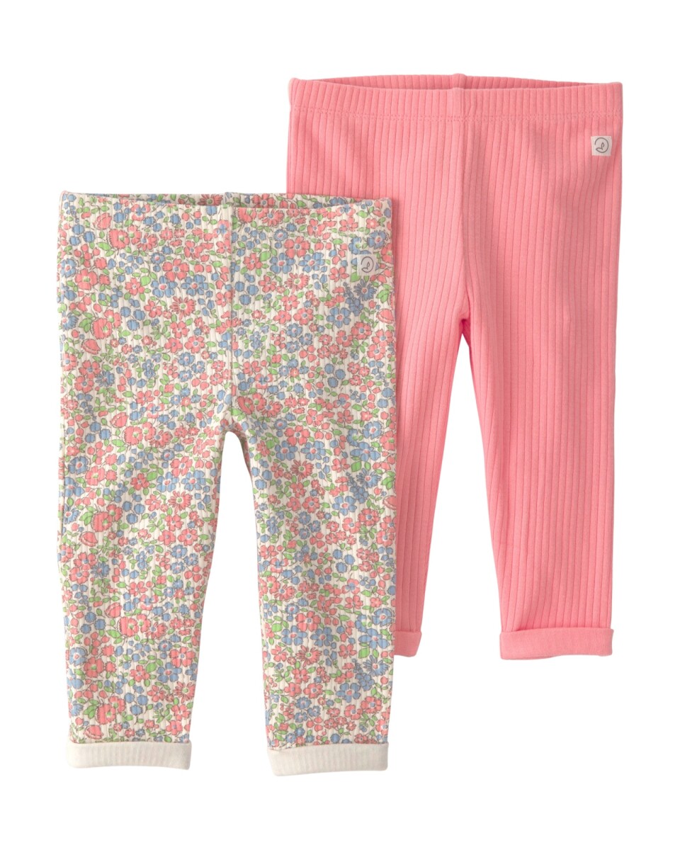 Pack dos pantalones de algodón orgánico acanalado, diseños flores y rosado 