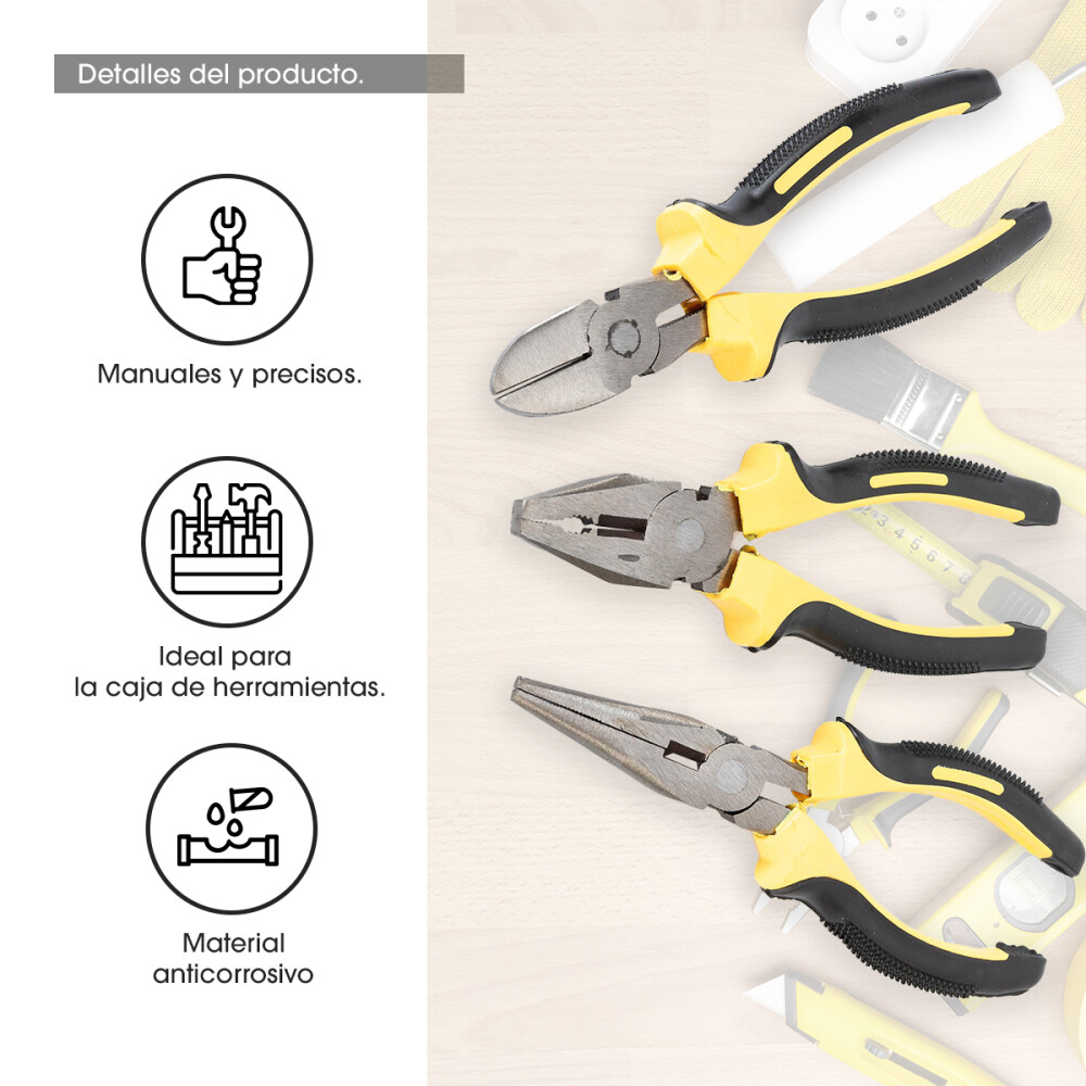 Set 3 Pinzas Alicate Larga Mango Pvc Acero Resistente Set 3 Pinzas Alicate Larga Mango Pvc Acero Resistente