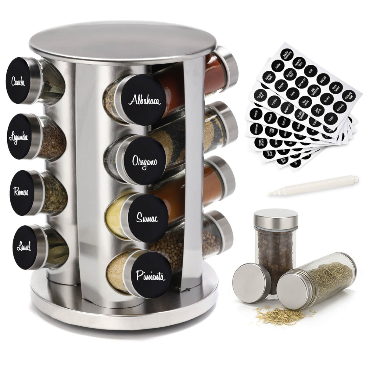 Especiero Giratorio 16 Frascos Vidrio Para Condimentos Cocina Acero Inoxidable Imback 