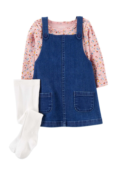 Set tres piezas jumper jean, blusa y medias de algodón Set tres piezas jumper jean, blusa y medias de algodón