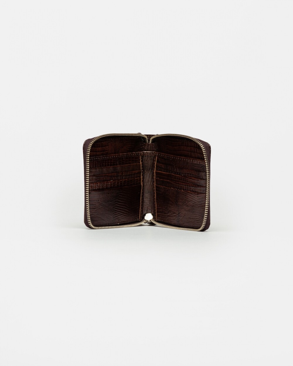 Billetera The Roots En Cuero Grabado Lagarto Marron