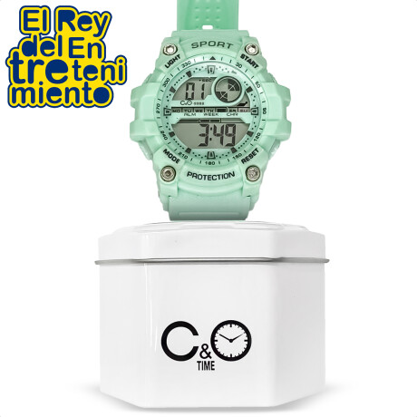 Reloj Deportivo C&O Digital Con Luz + Estuche De Lata Verde Agua