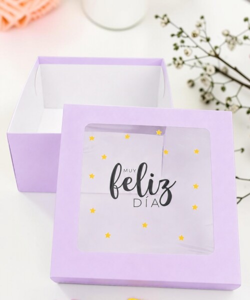Caja flexi 20x20x9,5. c/visor impreso LILA- ESTRELLAS