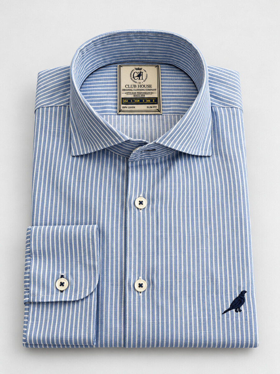 Camisa Lino Hudson Collar - Rayas Azul Oxford 