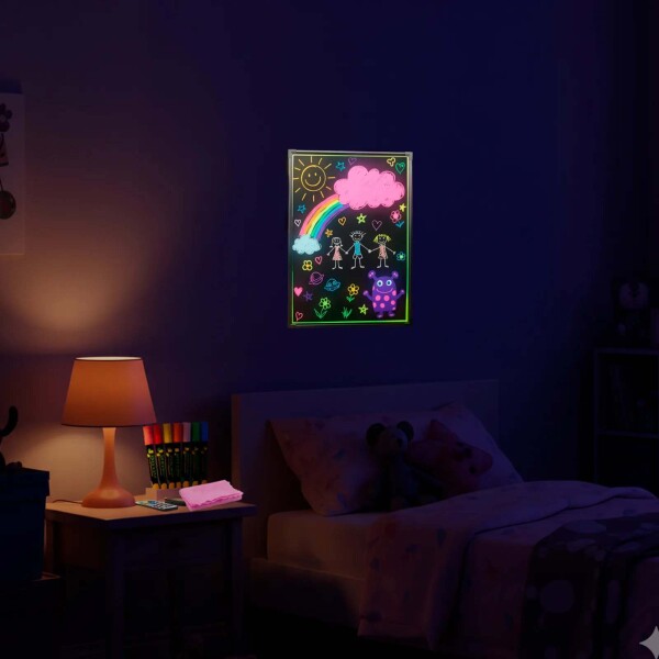 Cartel Pizarra LED 40x30cm Luces Colores + Marcadores Neón Color Negro