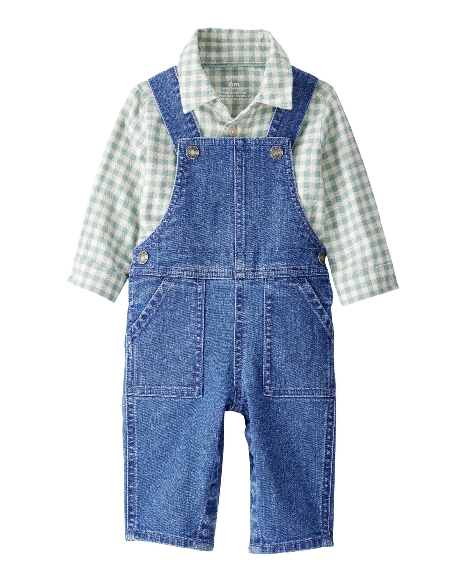 Set dos piezas, enterito jean y camisa de franela Set dos piezas, enterito jean y camisa de franela