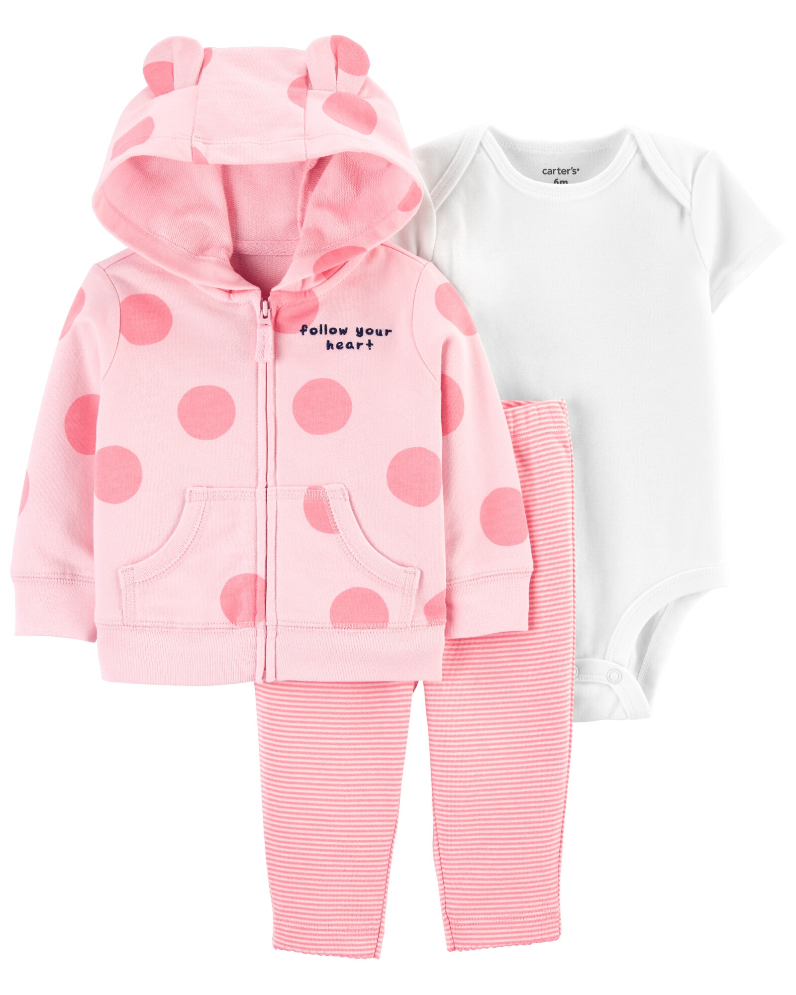 Set tres piezas de algodón, campera, pantalón y body, diseño a lunares Set tres piezas de algodón, campera, pantalón y body, diseño a lunares