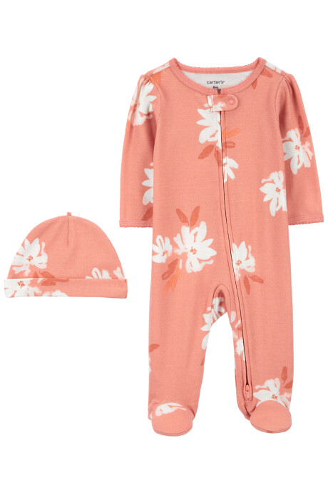 Pijama una pieza de algodón, con pie y gorro, diseño floral Sin color