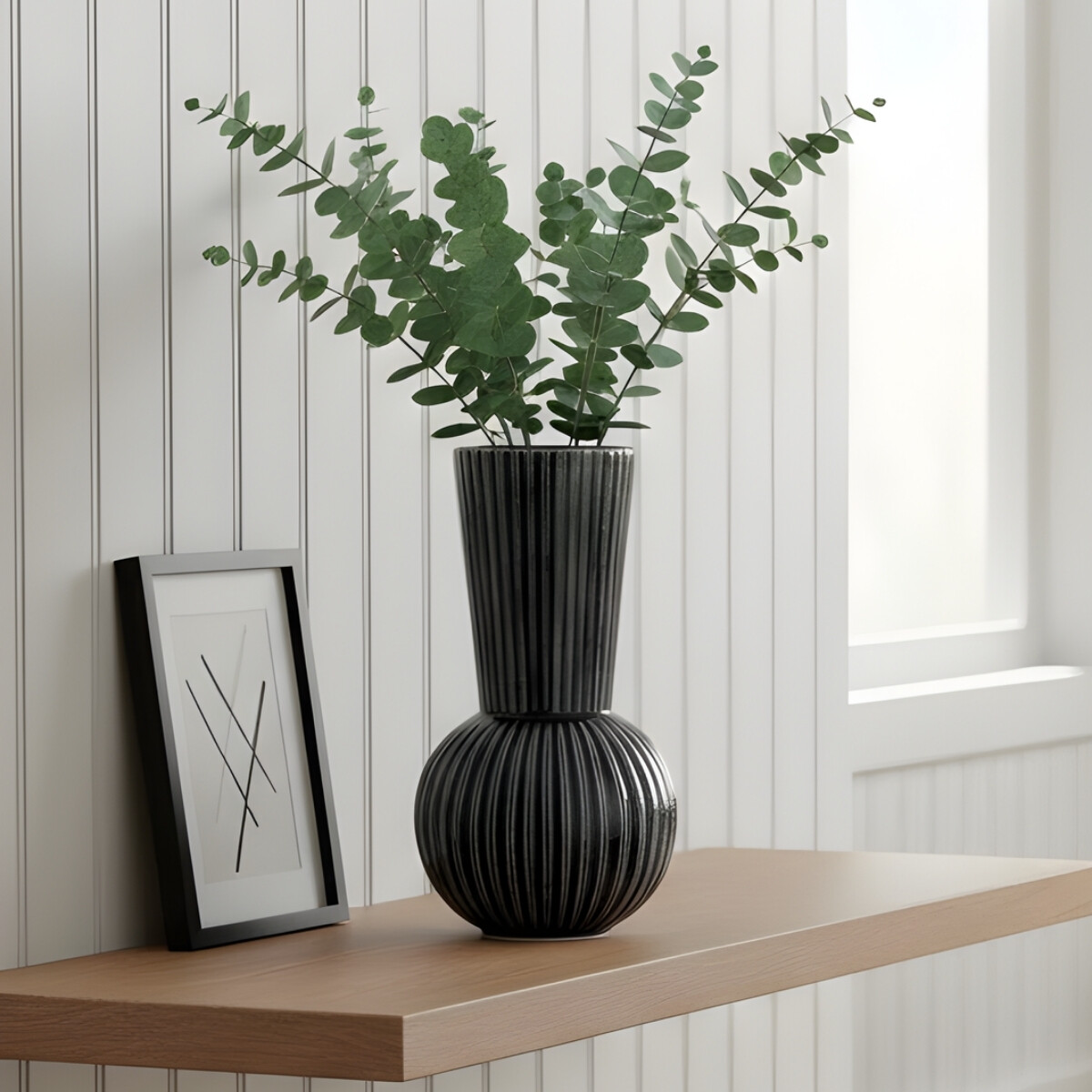 Florero cerámica textura líneas 11x20cm - AZUL 