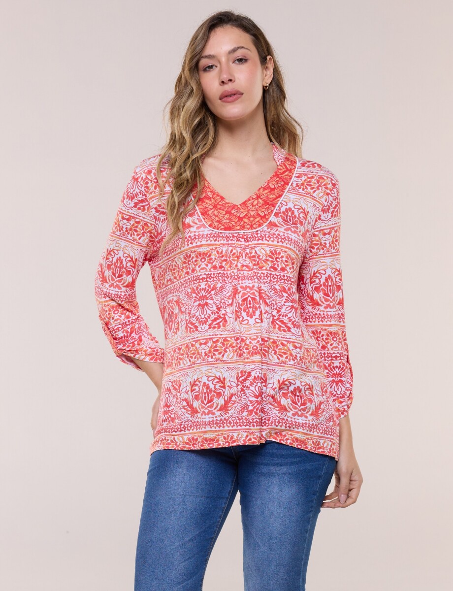 Remera Estampada Manga 3/4 Roll-up - Coral/multi 