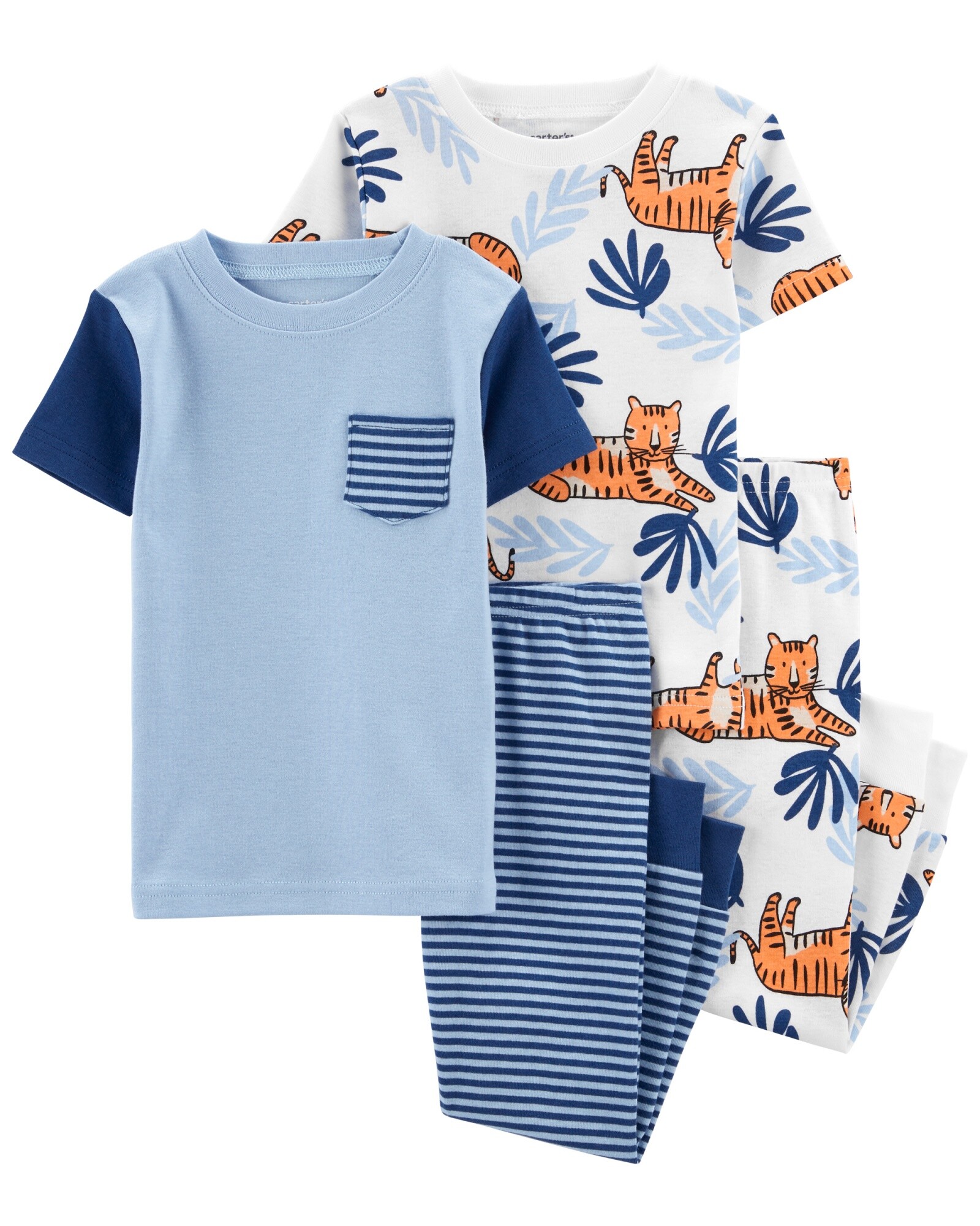 Pijama cuatro piezas de algodón dos remeras manga corta y dos pantalones, diseños azul y tigres Sin color