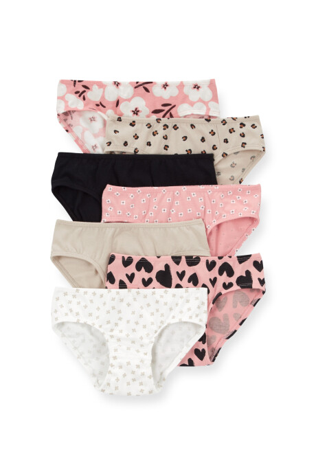 Pack siete bombachas de algodón, diseños florales, corazones y animal print Sin color