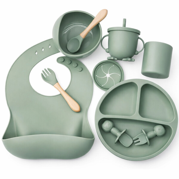 Set Alimentación Bebé Platos Silicona Libre Bpa 10 Piezas Color Verde