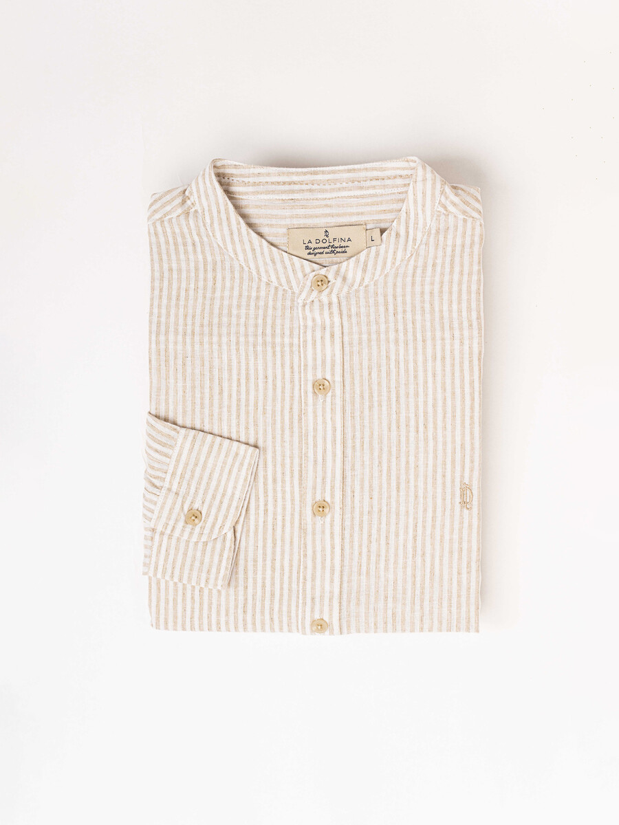 Camisa m/l lino rayada - beige 