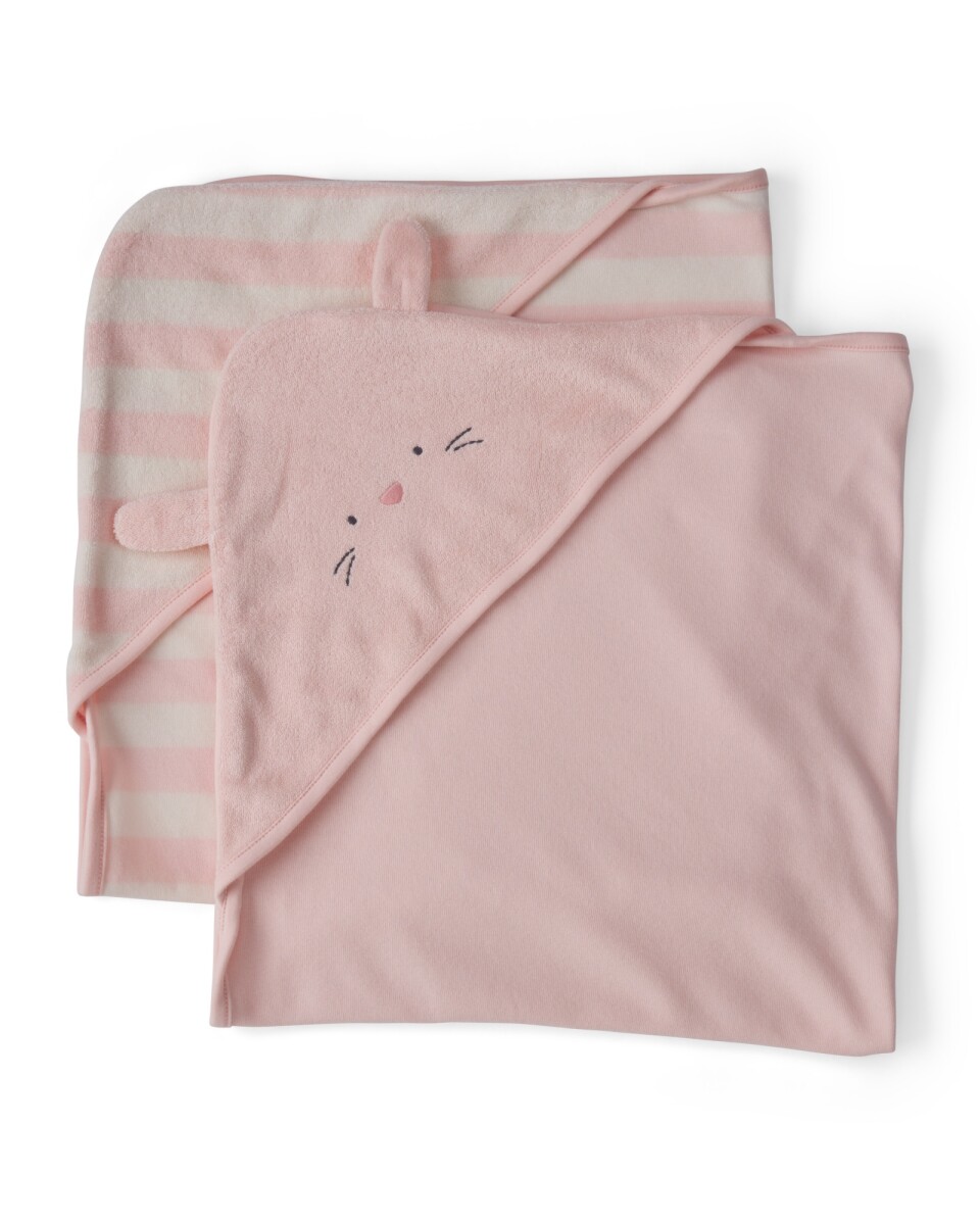 Pack dos toallas de algodón terry, con capucha, rosadas, diseño conejita 