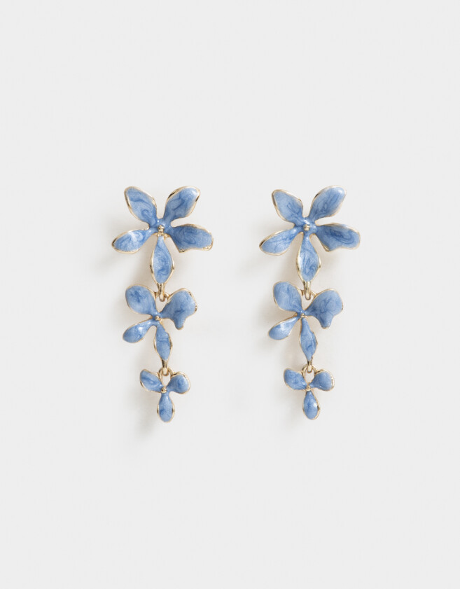 Aros Colgantes Largos Azul Aros Largos Con Flores - Dorado