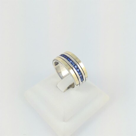 Anillo de plata 925 con detalles en double de oro 18Ktes, con circonias incrustadas azules, ancho 9mm, diámetro interno 18mm #15 Anillo de plata 925 con detalles en double de oro 18Ktes, con circonias incrustadas azules, ancho 9mm, diámetro interno 18mm #15