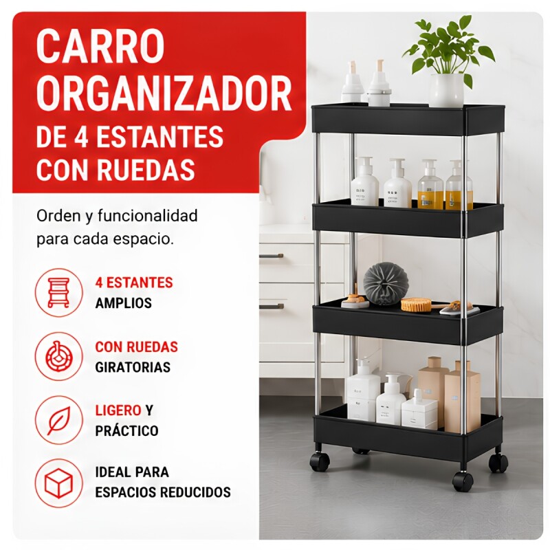 Carro organizador de 4 estantes con ruedas NEGRO