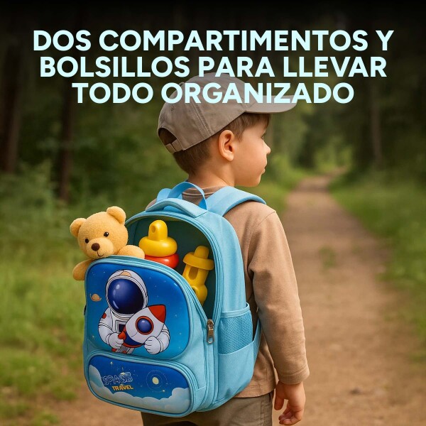 Mochila Escolar Infantil Celeste De Astronauta 3D Niño Color Celeste