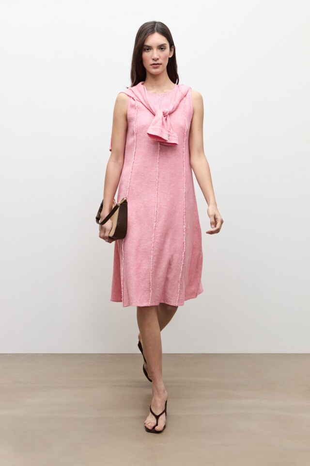 Vestido lino detalle desflecado rosado melange