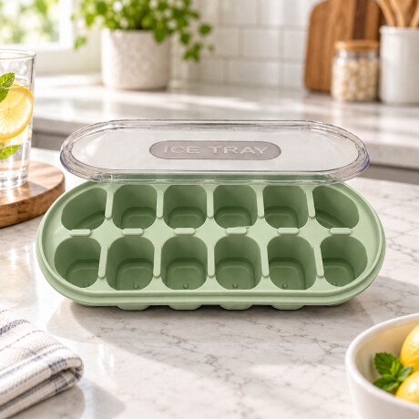 Cubetera para Hielo con Tapa y Base de Silicona 12 Cubos Mini Verde