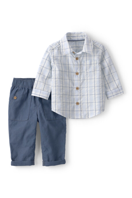 Set dos piezas de algodón, pantalón y camisa a cuadros, azul Sin color