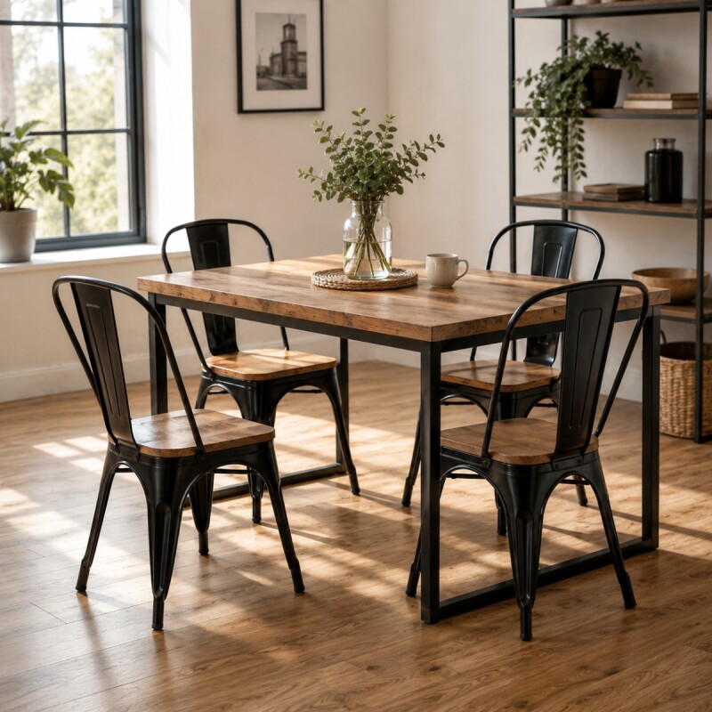 Set X4 Sillas Tolix Asiento en madera vintage NEGRO MATE