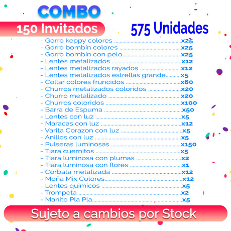 Combo Cotillon Metalizado 150 Invitados - 575 Articulos Combo Cotillon Metalizado 150 Invitados - 575 Articulos