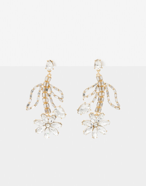 Aros Colgantes Largos Strass Aros Largos Flor De Strass - Dorado